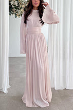 Mock Neck Long Sleeve Pleated Waistband Flowy Maxi Dress