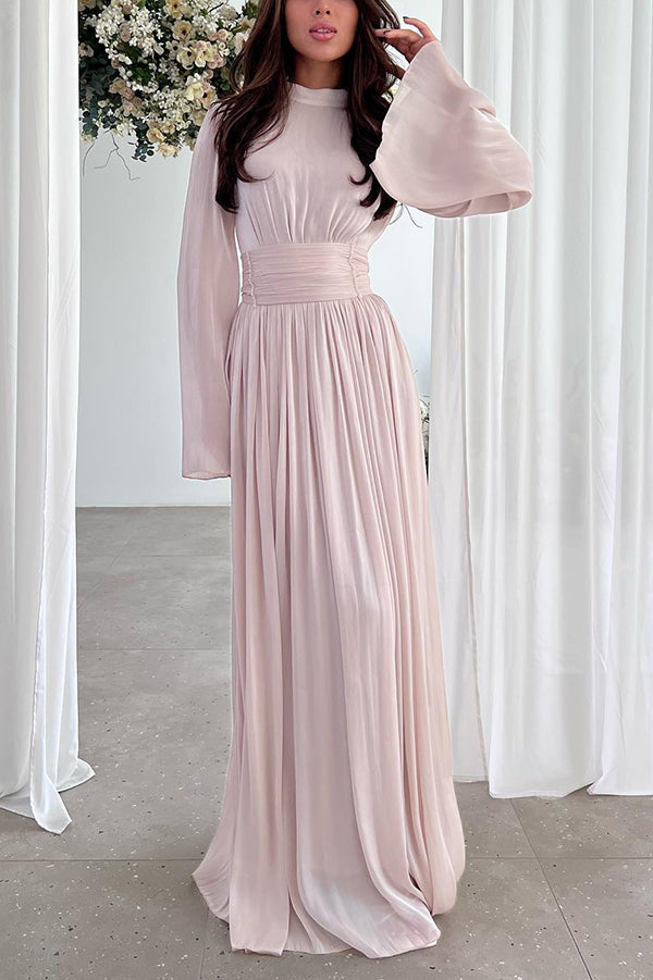 Mock Neck Long Sleeve Pleated Waistband Flowy Maxi Dress