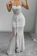 Polka Dot Halter Neck Sweetheart Ruched Cascade Ruffle Bodycon Midi Dress