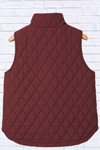 Burgundy Quilted Snap Down Zip Up Vest Coat _ Women__ Lightweight Warm Outerwear for Fall & Winter