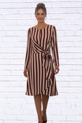 Burgundy and Cream Striped Long Sleeve Wrap Dress _ Elegant Tie-Waist A-Line Midi Dress
