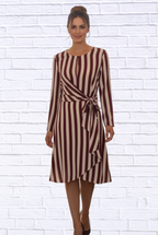 Burgundy and Cream Striped Long Sleeve Wrap Dress _ Elegant Tie-Waist A-Line Midi Dress