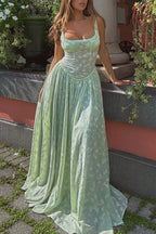 Floral Print Square Neck Corset Bodice High Split Flowy Maxi Dress