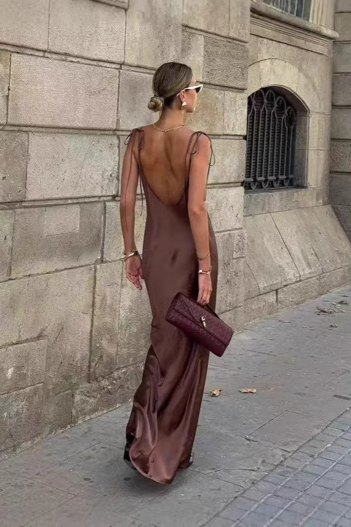 Satin Bow Tie Shoulder Strap Spaghetti Strap Slip Midi Dress