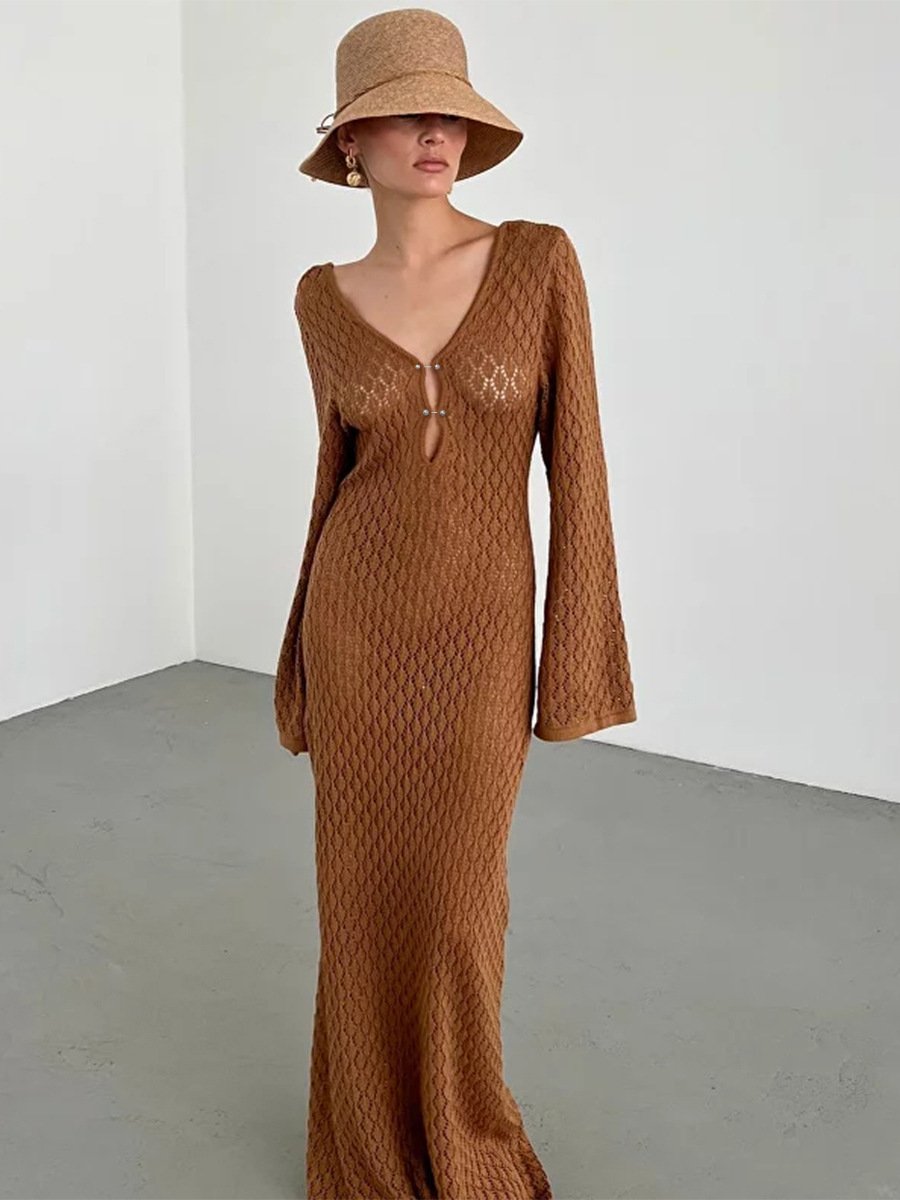 Crochet Deep V-Neck Bell Sleeve Open Knit Maxi Dress