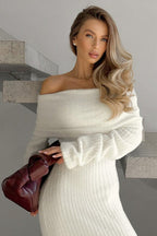 Off-Shoulder Rib Knit Foldover Neck Long Sleeve Bodycon Maxi Dress