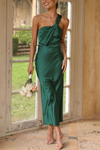 One Shoulder Draped Twist Detail Satin Ankle Length Midi Dress