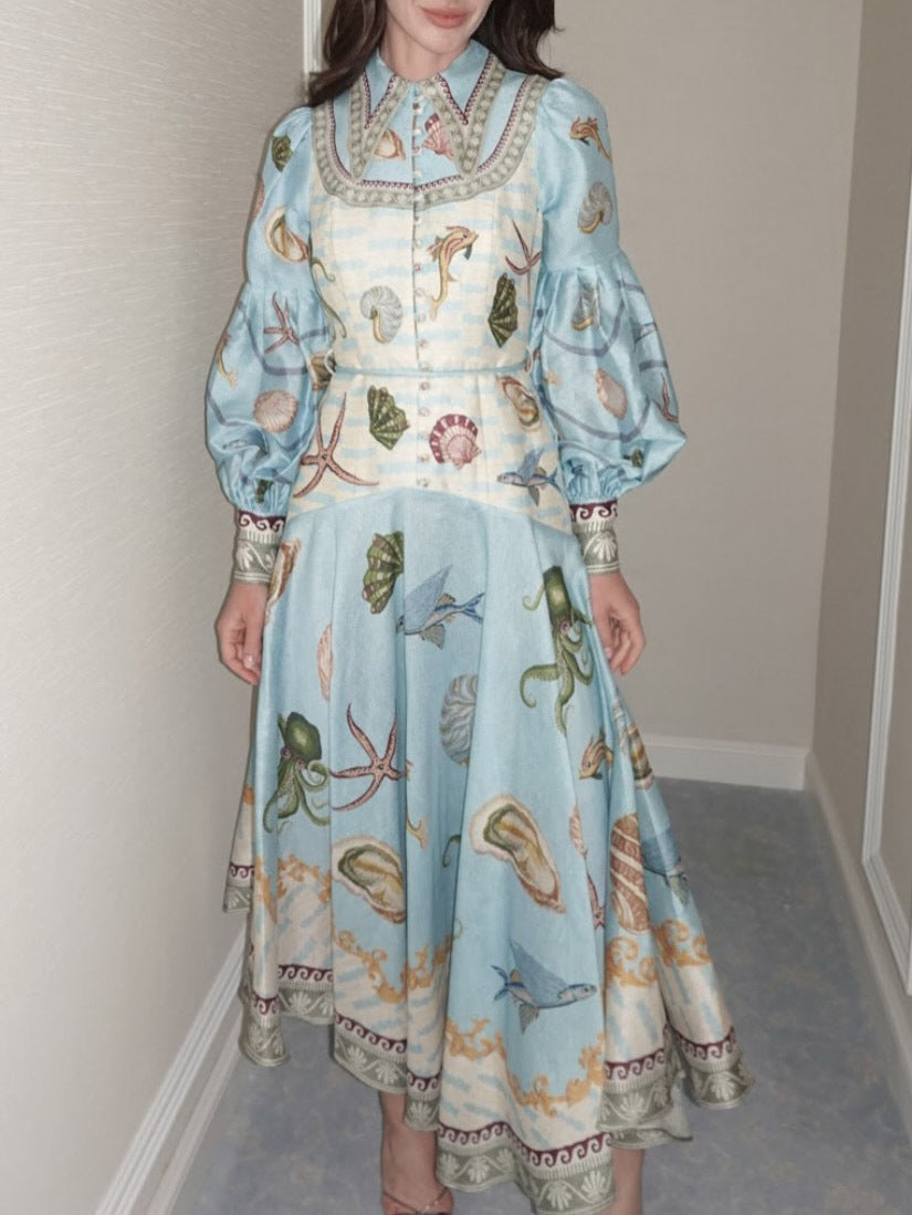 Puff Sleeve Button Front Nautical Seashell Print Belted A-Line Midi Dress