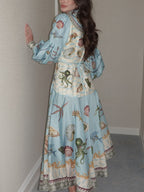 Puff Sleeve Button Front Nautical Seashell Print Belted A-Line Midi Dress