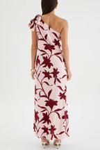 Botanical Print Sleeveless One-shoulder Tie-up Casual Vacation Maxi Dress