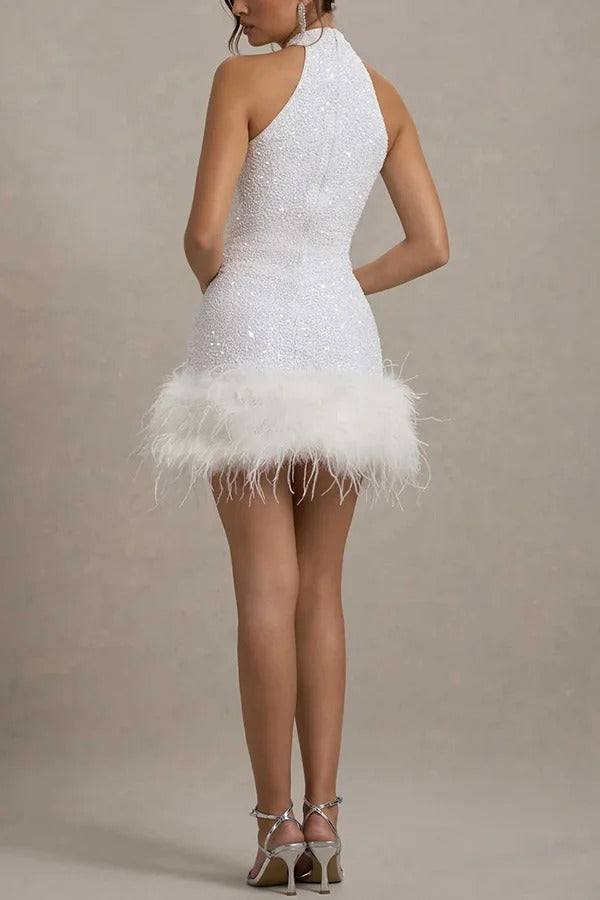 Kate Minimalist Iridescent and Playful Stretch Mini Dress with High Neck Sequin Trim and Feather Statement Occasion Edit