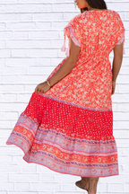 Floral Print Tasseled Tied Sleeve Empire Waist Dress