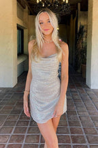 Sequin Cowl Neck Spaghetti Strap Bodycon Mini Dress