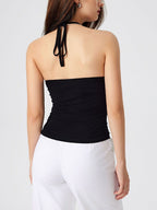 Lace Splice Halter V Neck Backless Cami Top