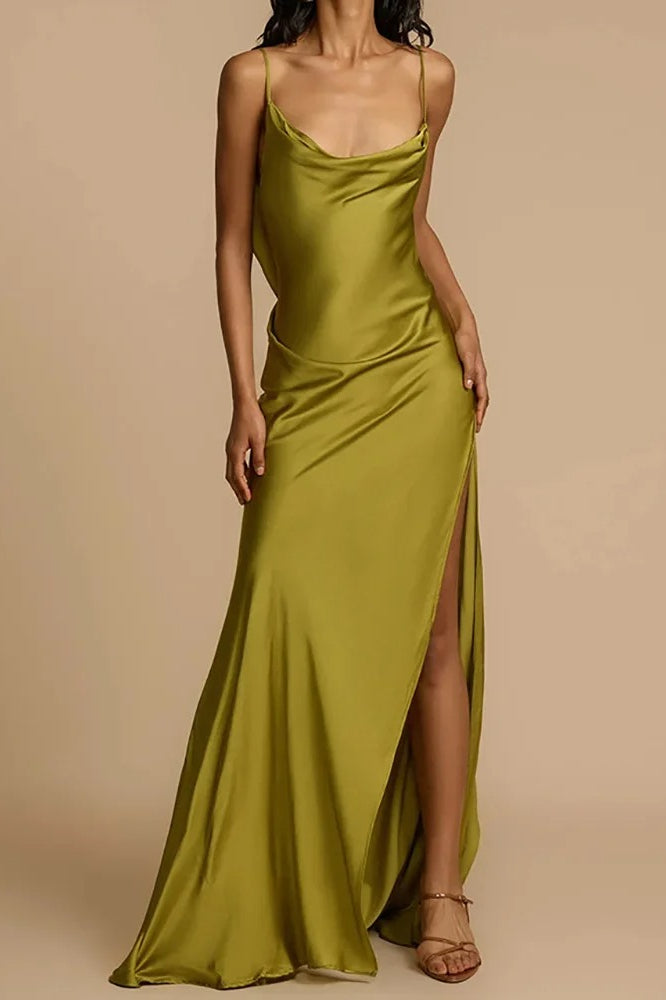 Spaghetti Strap Cowl Neck Thigh Slit Satin Maxi Dress