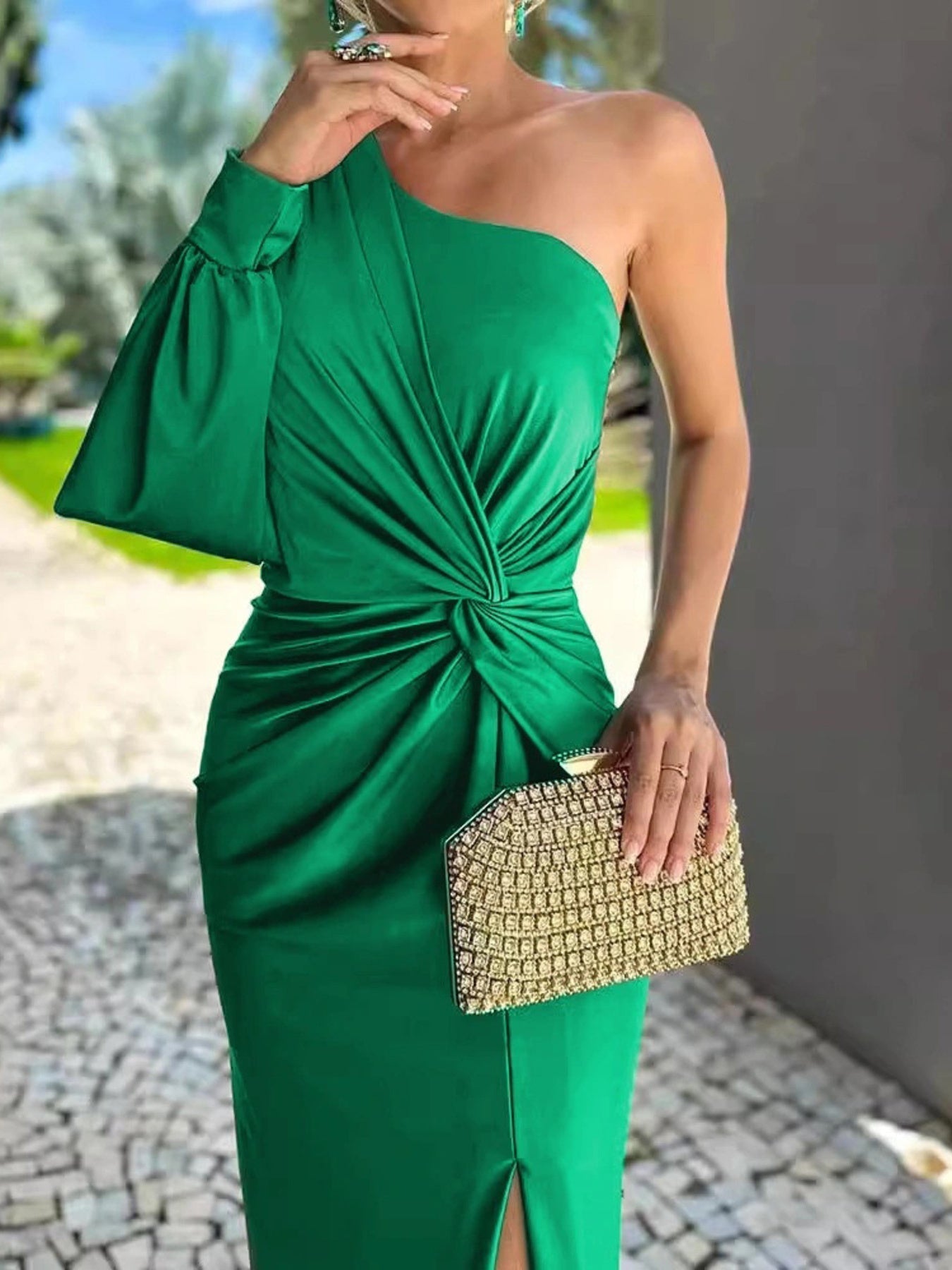 Full Size One-Shoulder Knot Detail Slit Maxi Dress Plus Size