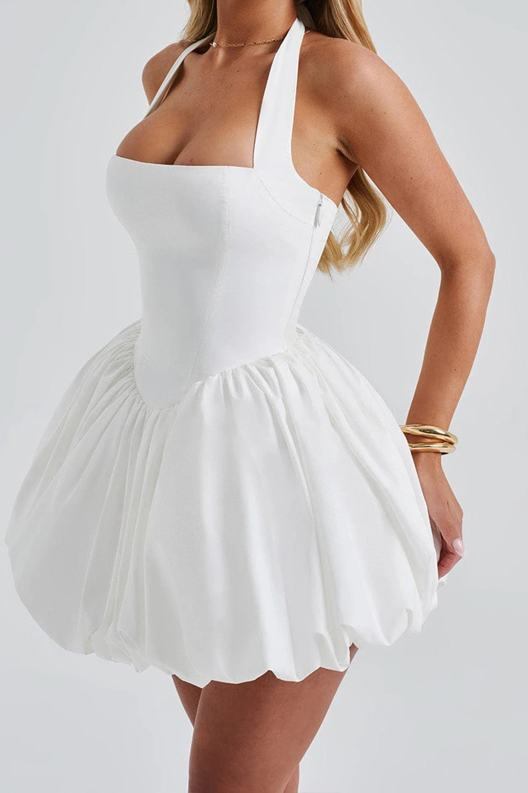 Halter Neck Lace Up Back Bubble Hem Fit and Flare Mini Dress