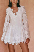 Eyelet Lace Deep V-Neck Long Sleeve Scalloped Trim Side Tie Mini Dress