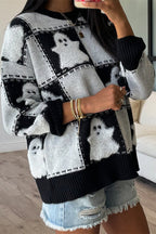 Halloween Plaid Ghost Loose Long Sleeve Knitted Sweater