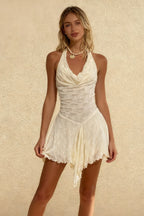 Textured Halter Neck Cowl Neck Fit and Flare Handkerchief Hem Mini Dress