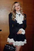 Ruffle Collar Jabot Bow Long Sleeve A-Line Mini Dress
