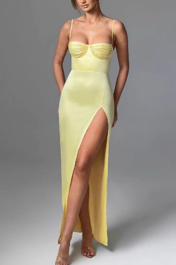 Satin Sweetheart Bustier Spaghetti Strap High Slit Maxi Dress