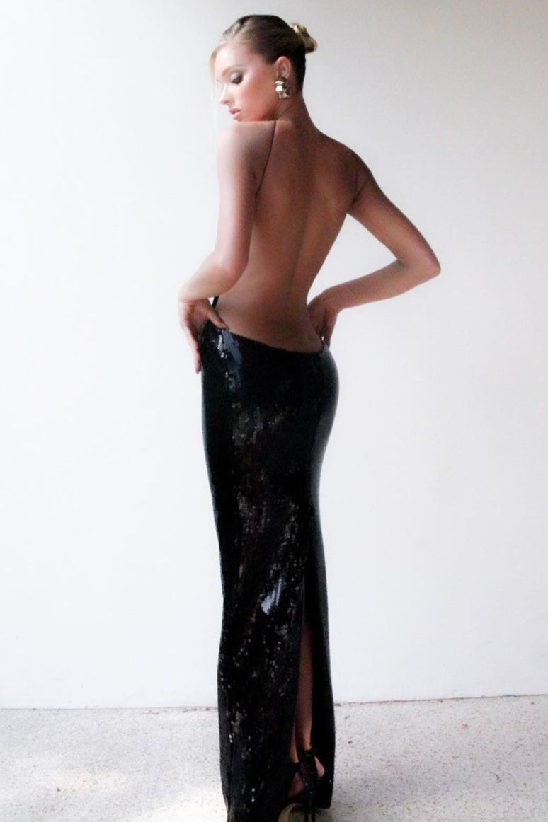 Black Cutout Waist Column Maxi Gown