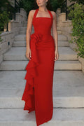 Kelly Statement Slim Fit Halterneck Maxi Dress with 3d Floral Slit Chic Silhouette Collection