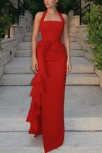 Kelly Statement Slim Fit Halterneck Maxi Dress with 3d Floral Slit Chic Silhouette Collection