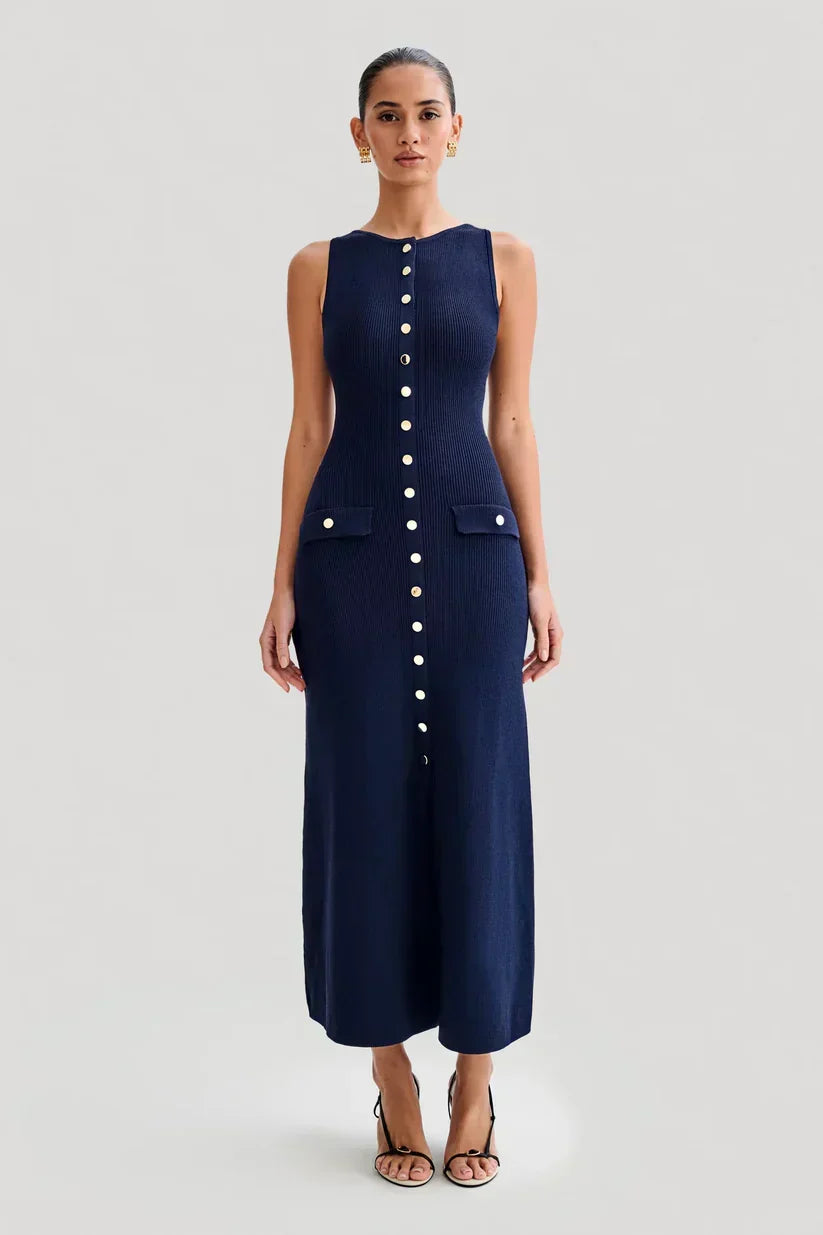 Rib Knit Sleeveless Button Front Faux Pocket Midi Dress