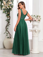 V-neck Embroidery Sequins Elegant Gauze Formal Dress Maxi Dresses
