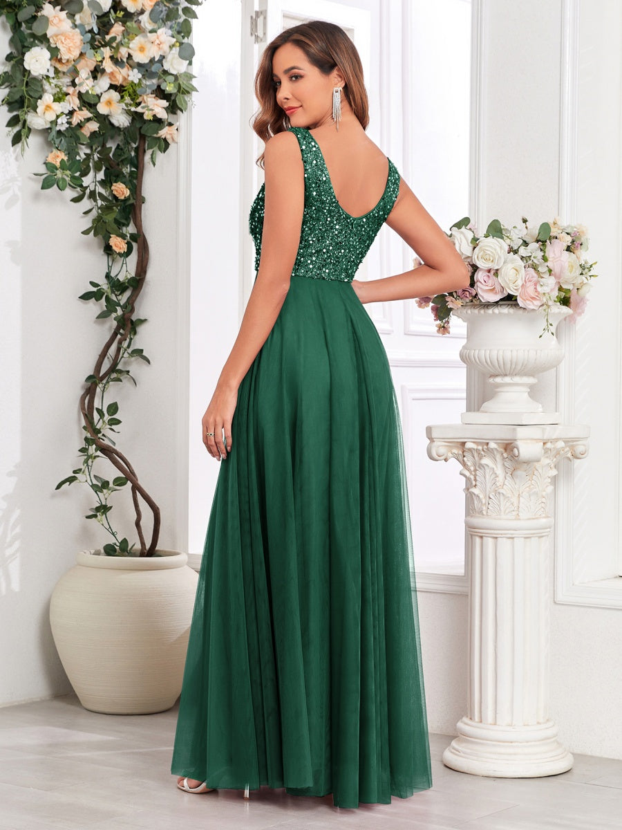V-neck Embroidery Sequins Elegant Gauze Formal Dress Maxi Dresses