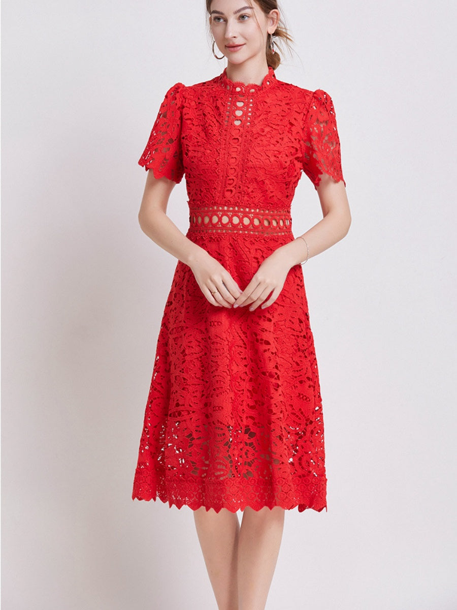 Lace Waist-cinching Hollow-out Midi Dress