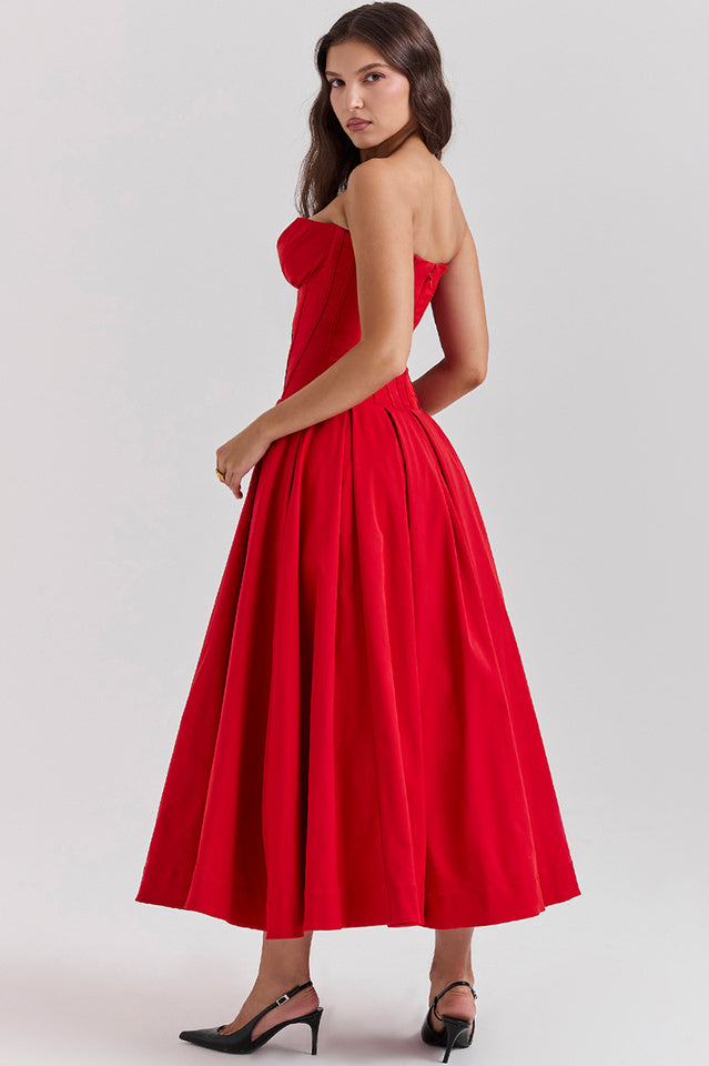 Strapless Plunging V-Neck Corset Bodice Box Pleat A-Line Midi Dress