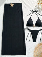 Solid Color Mesh Long Dress Starfish Swimsuit Bikini Three-piece Set