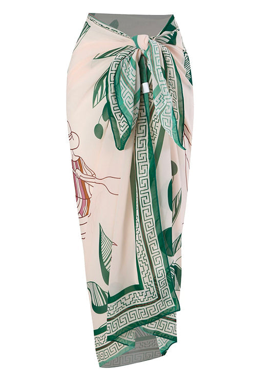 Bow Front One-piece Swimsuit and Printed Wrap Cover Up Skirt Set