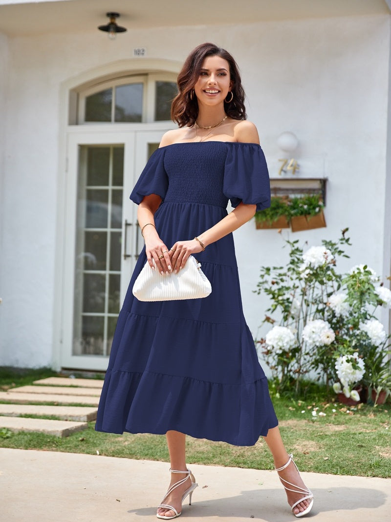Square Neck, Backless, Puff Sleeve, Pleated Short-sleeved Long Dress