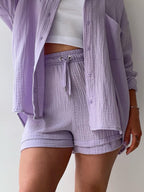 Long-sleeved Shirt And High-waisted Drawstring Shorts Casual Two-piece Set