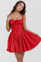 Lace Trim Corset Bustier Basque Waist Flared Mini Dress