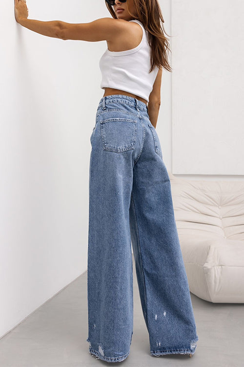 Distressed Wide Leg Ripped Denim Pants