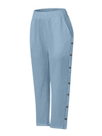 Breathable Cotton And Linen Cropped Trousers With Decorative Side Seams, Side Pockets, And A High Waist.
