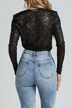 Wrap Deep V Neck Long Sleeves Sequin Bodysuit