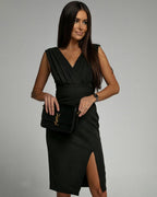 Deep V-Neck Pleated Shoulder Wrap High Split Midi Dress
