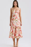 Sweetheart Bustier Wide Strap Floral Tiered Ruffle Midi Dress