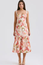 Sweetheart Bustier Wide Strap Floral Tiered Ruffle Midi Dress