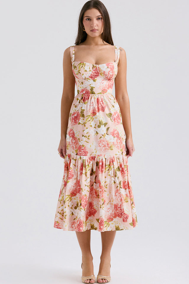 Sweetheart Bustier Wide Strap Floral Tiered Ruffle Midi Dress