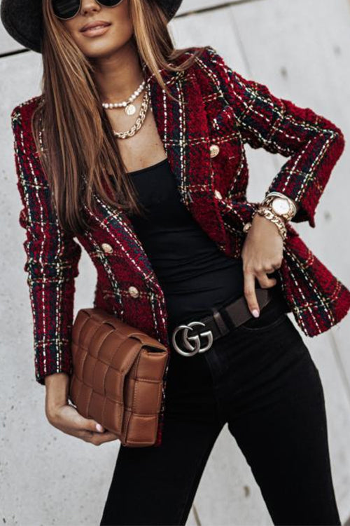 Double Breasted Open Front Plaid Blazer Jacket