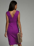 V-neck Sleeveless High-waisted Slit Dress Pleated Solid Color Short Dress