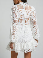 Lantern-style Long-sleeved, Fitted A-line Dress With Ruffled Hem And Water-soluble Lace.