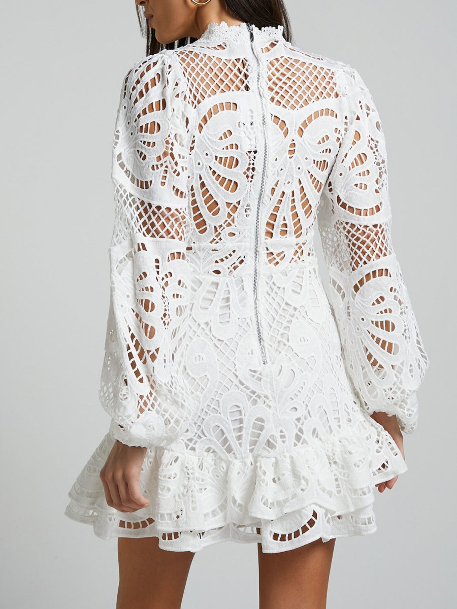 Lantern-style Long-sleeved, Fitted A-line Dress With Ruffled Hem And Water-soluble Lace.